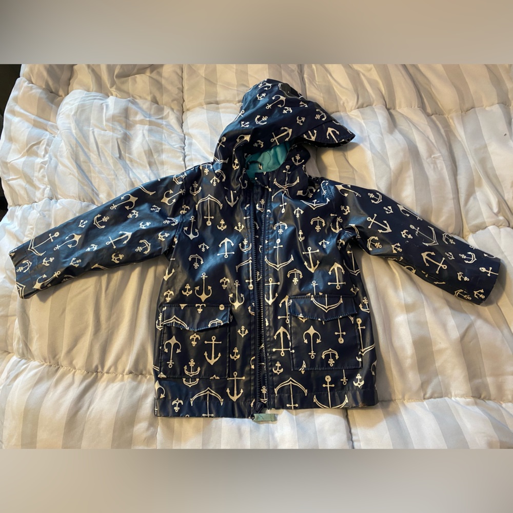 Cherokee navy anchor print raincoat 18M with pockets, teal lining, zipper, hood
